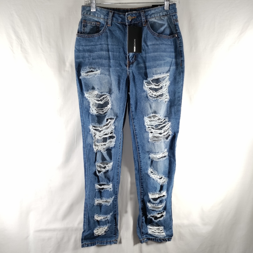 NEW Fashion Nova Destroyed High Waist Skinny Jeans Womens Juniors Sz 5 Med Blue